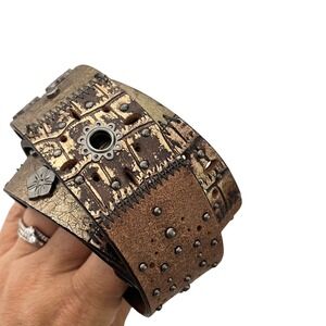 Fossil Belt Women Large Black Brown Studded Leather Patchwork Grommet BT3180016L